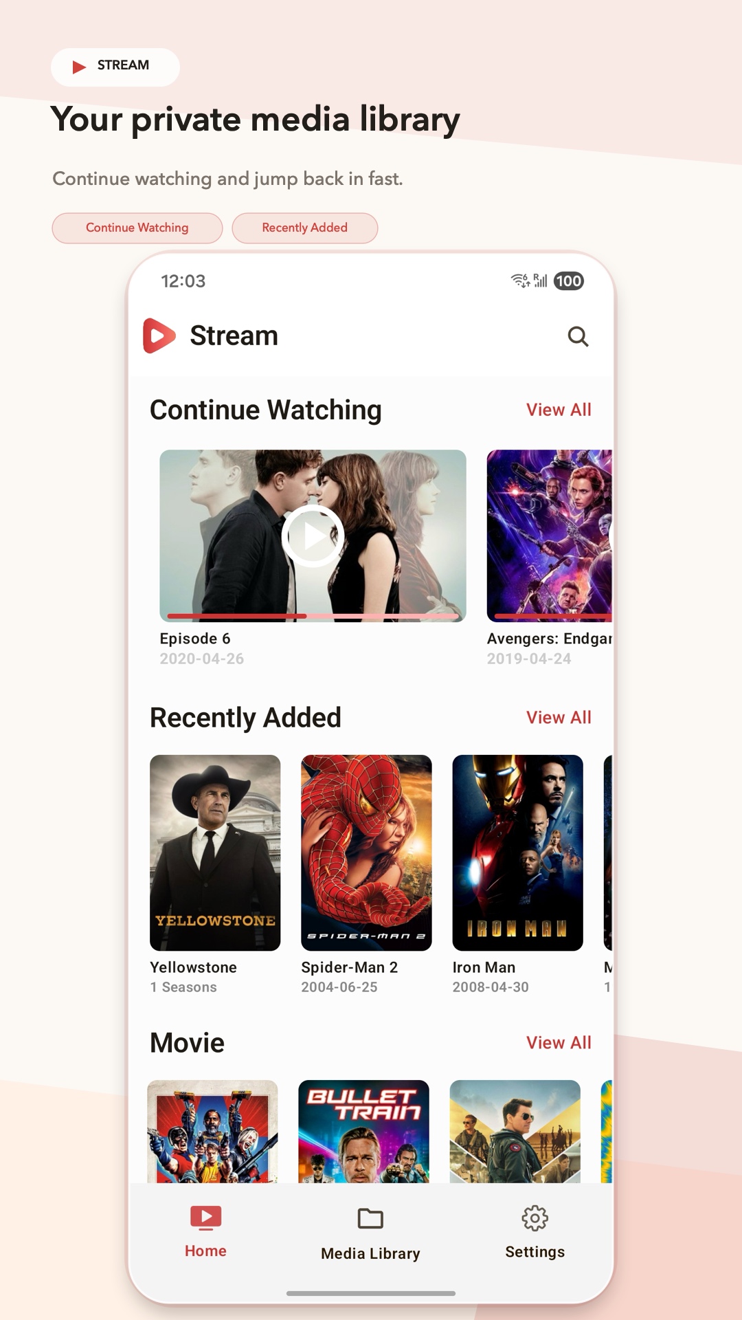Stream app home screen